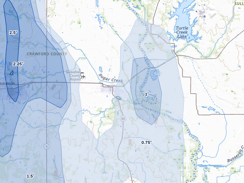 NEXRAD radar-signature map of the hail storm over Palestine, IL on Jul 27, 2026