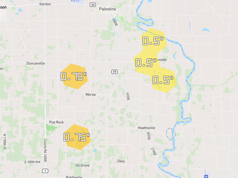Hail map of Palestine, IL on Jul 28, 2026, hail up to 0.75"