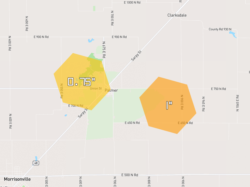 Hail map of Palmer, IL on Jul 9, 2026, hail up to 1"