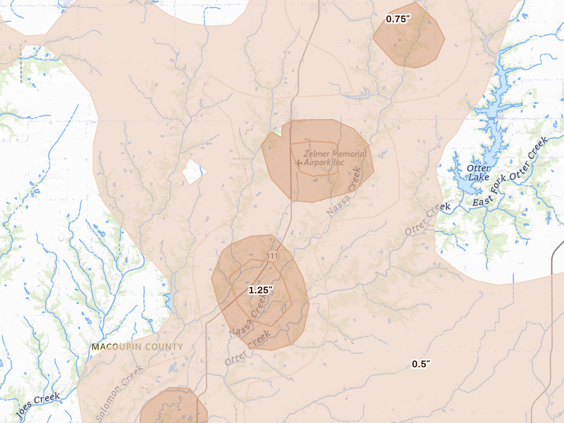 Radar-estimated hail-size map of the storm over Palmyra, IL on Apr 27, 2026