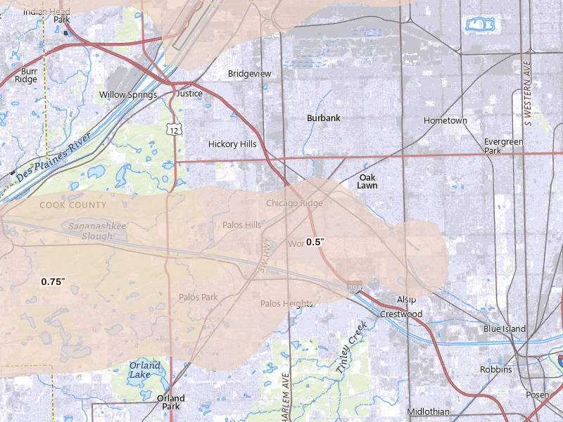 Radar-estimated hail-size map of the storm over Palos Hills, IL on Mar 30, 2026