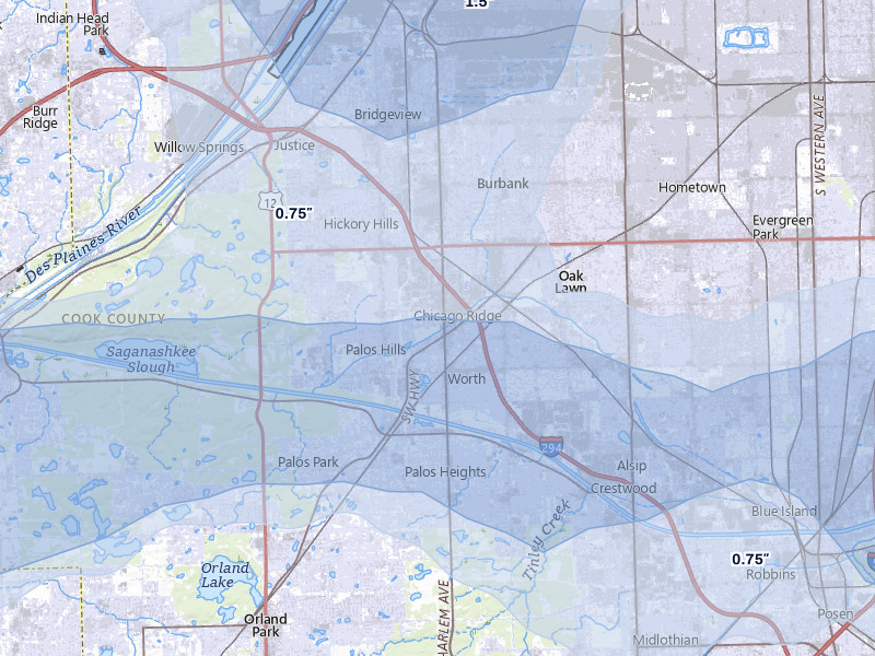 NEXRAD radar-signature map of the hail storm over Palos Hills, IL on Mar 30, 2026