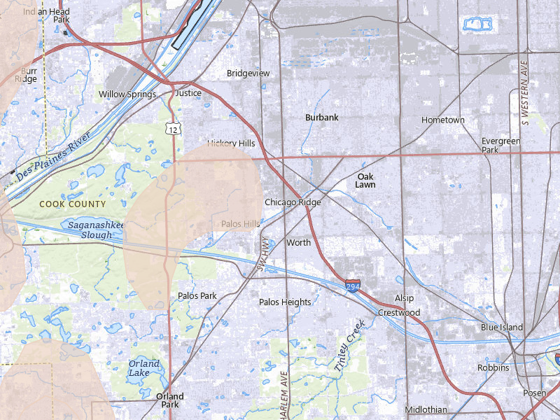 Radar-estimated hail-size map of the storm over Palos Hills, IL on Jun 10, 2026