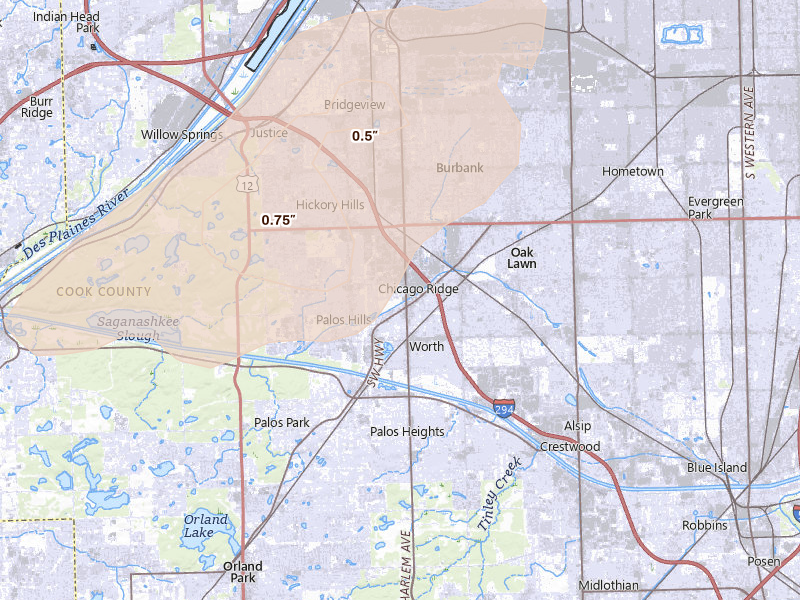 Radar-estimated hail-size map of the storm over Palos Hills, IL on Jul 3, 2026