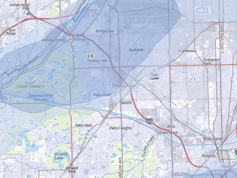 NEXRAD radar-signature map of the hail storm over Palos Hills, IL on Jul 3, 2026
