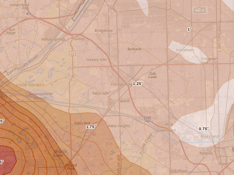 Radar-estimated hail-size map of the storm over Palos Hills, IL on Jul 27, 2026