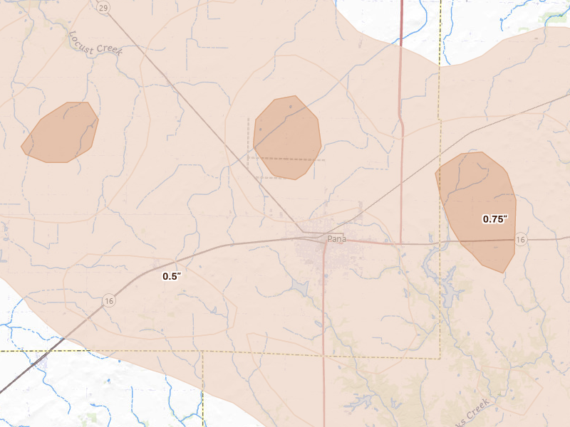 Radar-estimated hail-size map of the storm over Pana, IL on Jun 17, 2026