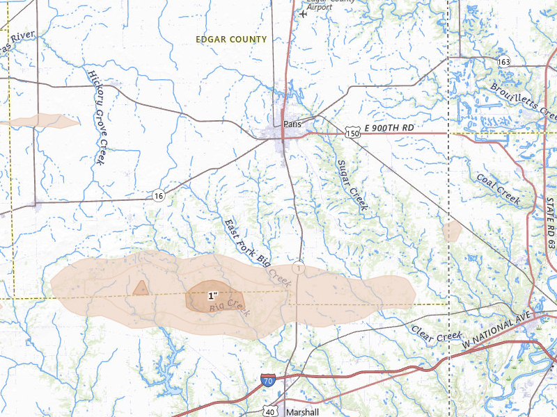 Radar-estimated hail-size map of the storm over Paris, IL on Mar 22, 2026