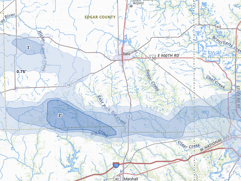 NEXRAD radar-signature map of the hail storm over Paris, IL on Mar 22, 2026