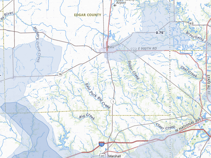 NEXRAD radar-signature map of the hail over Paris, IL