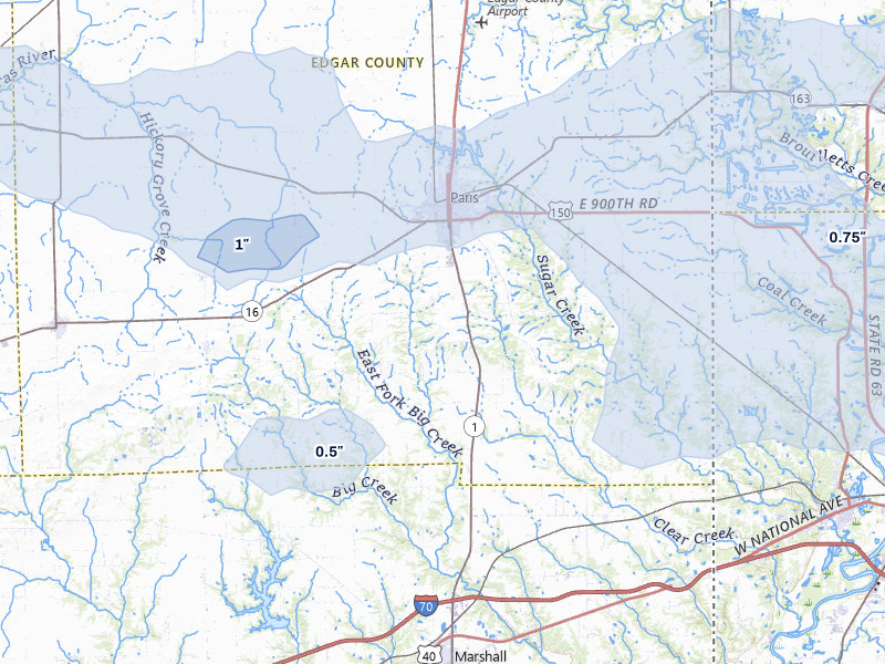 NEXRAD radar-signature map of the hail storm over Paris, IL on May 4, 2026