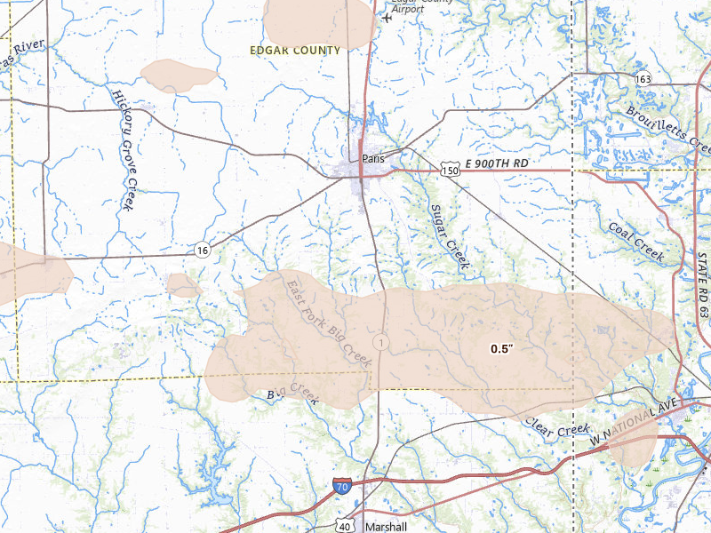 Radar-estimated hail-size map of the storm over Paris, IL on Jun 9, 2026