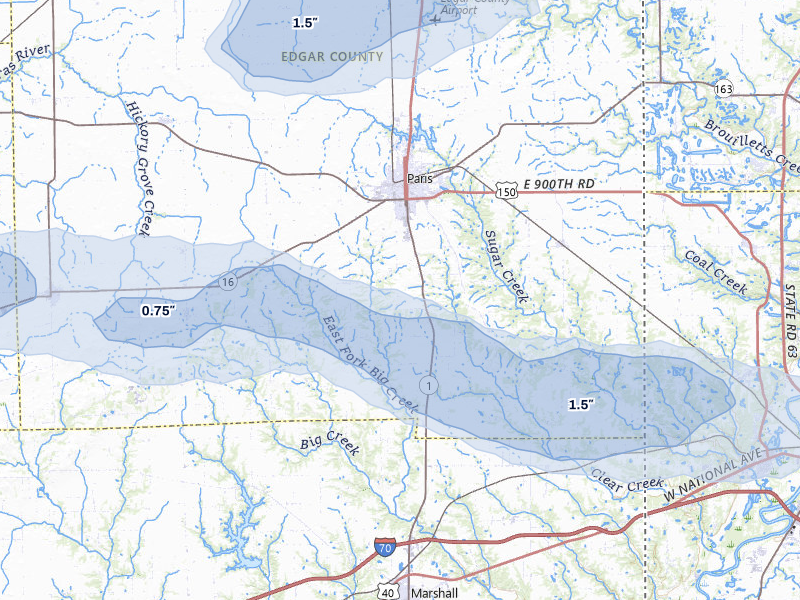NEXRAD radar-signature map of the hail storm over Paris, IL on Jun 9, 2026