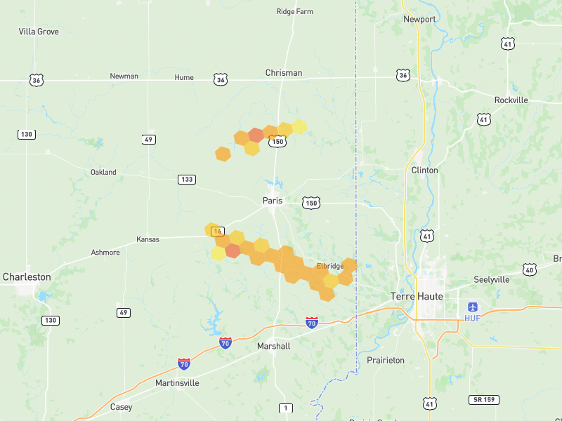 Hail map of Paris, IL on Jun 9, 2026, hail up to 1.5"