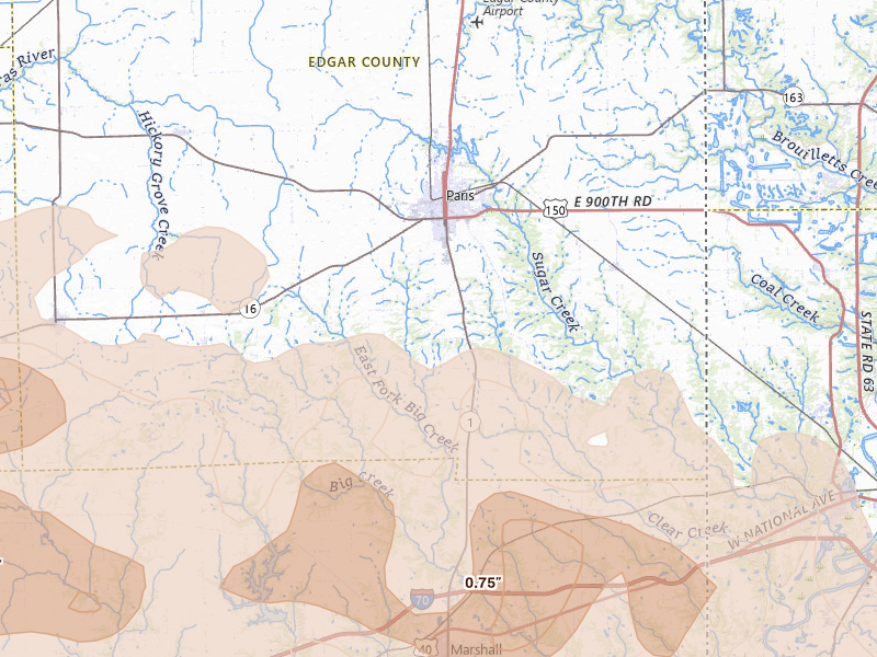 Radar-estimated hail-size map of the storm over Paris, IL on Jun 17, 2026