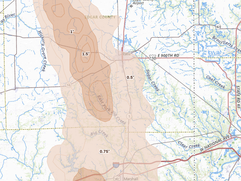 Radar-estimated hail-size map of the storm over Paris, IL on Jul 27, 2026