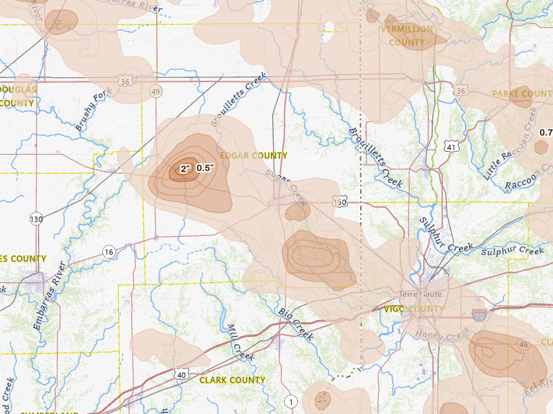 Radar-estimated hail-size map of the storm over Paris, IL on Aug 11, 2026