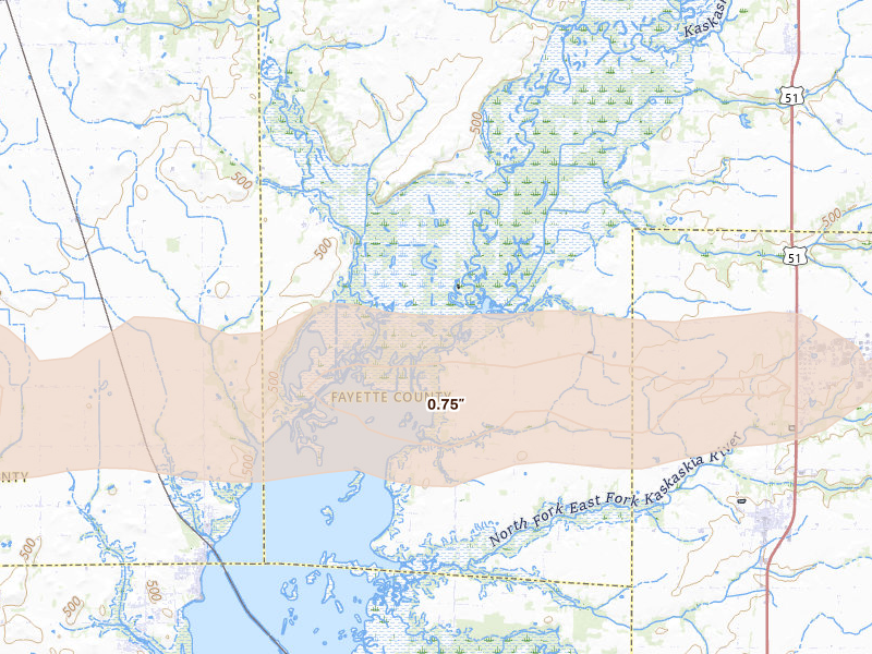Radar-estimated hail-size map of the storm over Patoka, IL on Mar 22, 2026