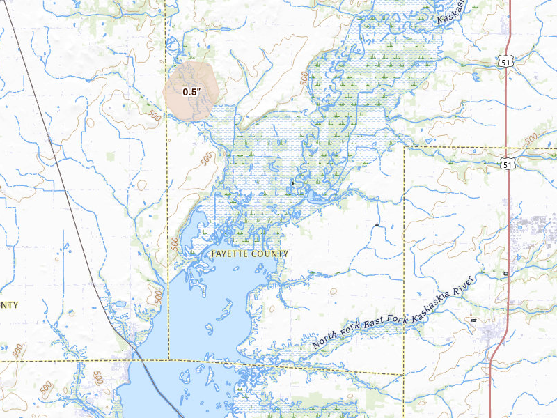 Radar-estimated hail-size map of the storm over Patoka, IL on Jun 11, 2026