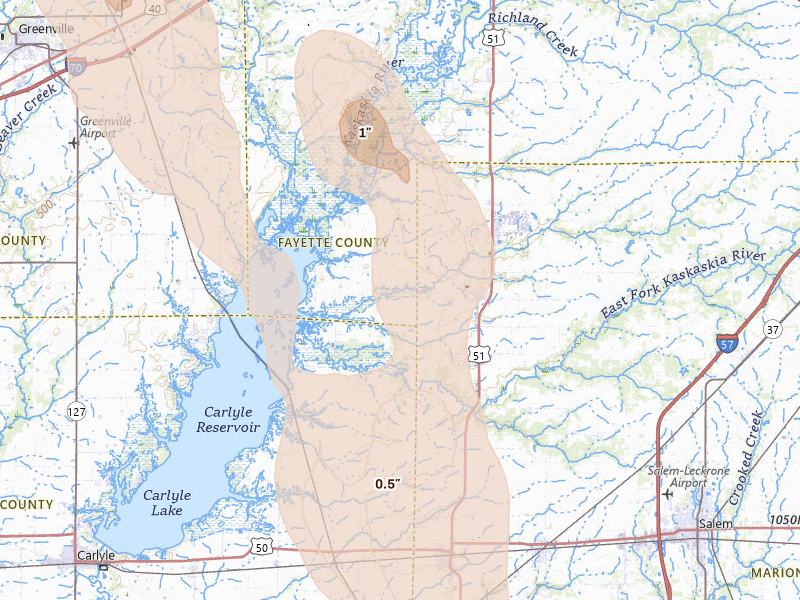 Radar-estimated hail-size map of the storm over Patoka, IL on Aug 21, 2026