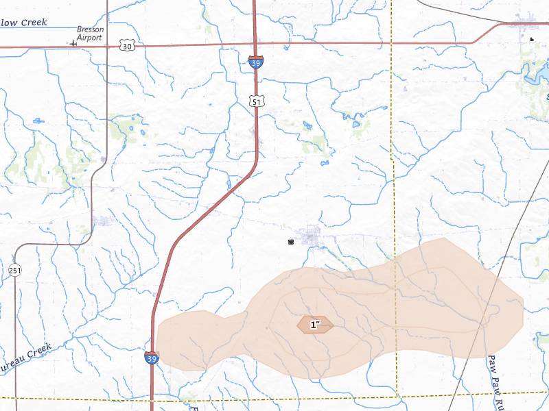 Radar-estimated hail-size map of the storm over Paw Paw, IL on Mar 31, 2026