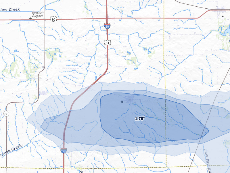 NEXRAD radar-signature map of the hail over Paw Paw, IL
