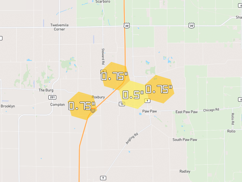 Hail map of Paw Paw, IL on Jul 3, 2026, hail up to 0.75"
