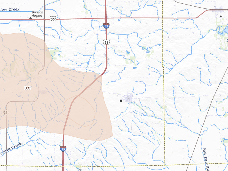 Radar-estimated hail-size map of the storm over Paw Paw, IL on Aug 9, 2026