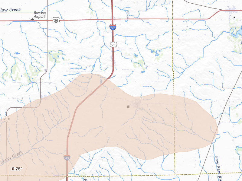 Radar-estimated hail-size map of the storm over Paw Paw, IL on Aug 11, 2026