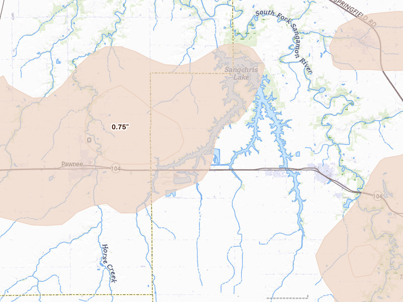Radar-estimated hail-size map of the storm over Pawnee, IL on Jun 11, 2026