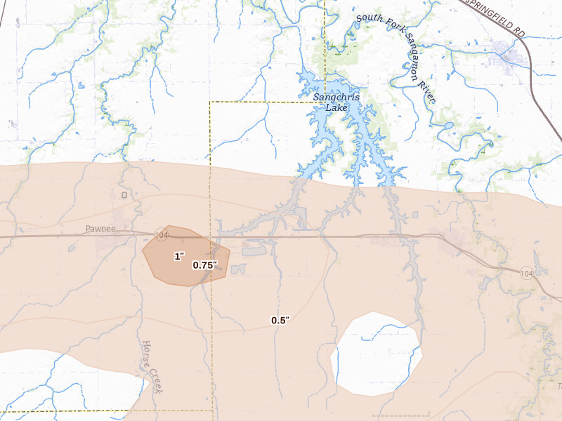 Radar-estimated hail-size map of the storm over Pawnee, IL on Jun 17, 2026
