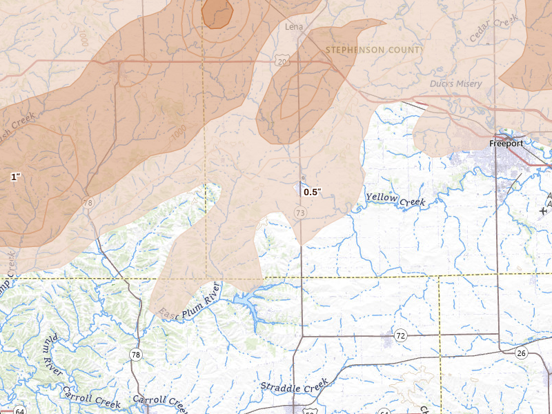 Radar-estimated hail-size map of the storm over Pearl City, IL on Apr 17, 2026