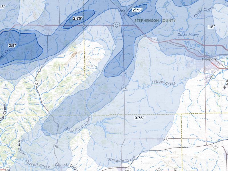 NEXRAD radar-signature map of the hail over Pearl City, IL