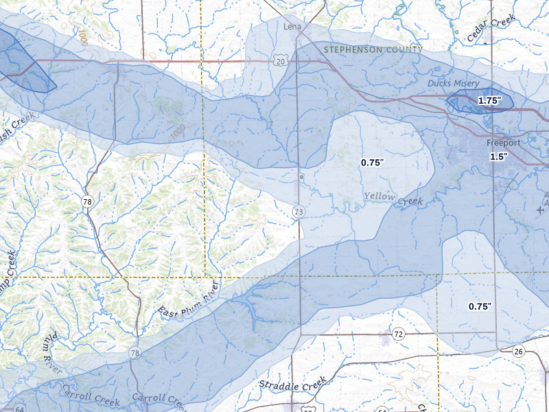 NEXRAD radar-signature map of the hail storm over Pearl City, IL on Jul 3, 2026