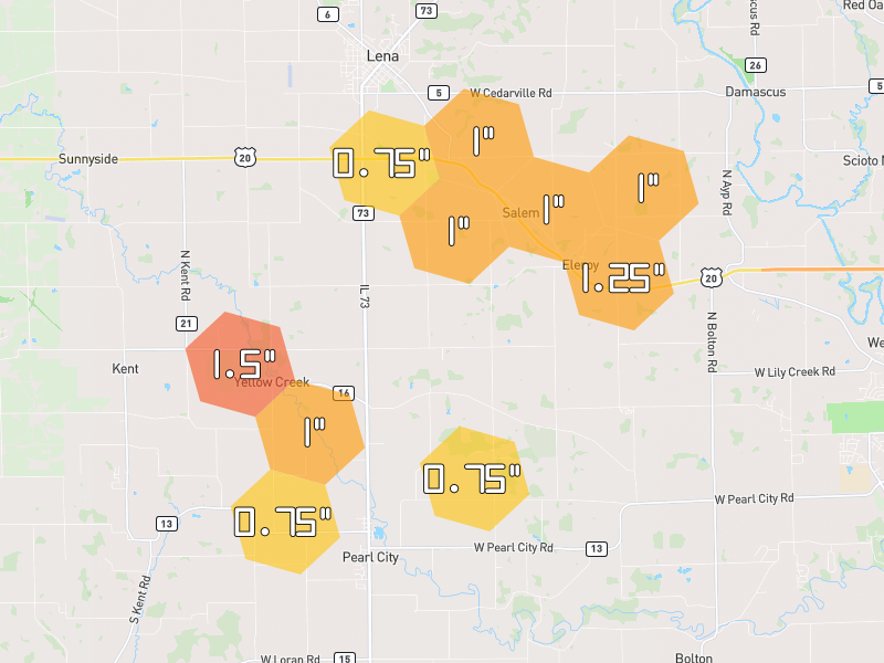 Hail map of Pearl City, IL on Jul 3, 2026, hail up to 1.5"