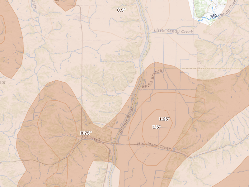 Radar-estimated hail-size map of the storm over Pearl, IL on Apr 27, 2026