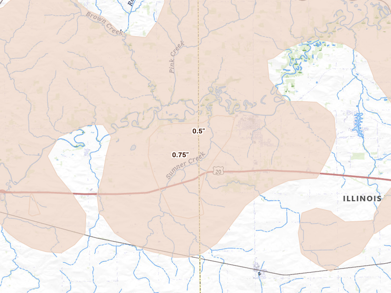 Radar-estimated hail-size map of the storm over Pecatonica, IL on Apr 14, 2026