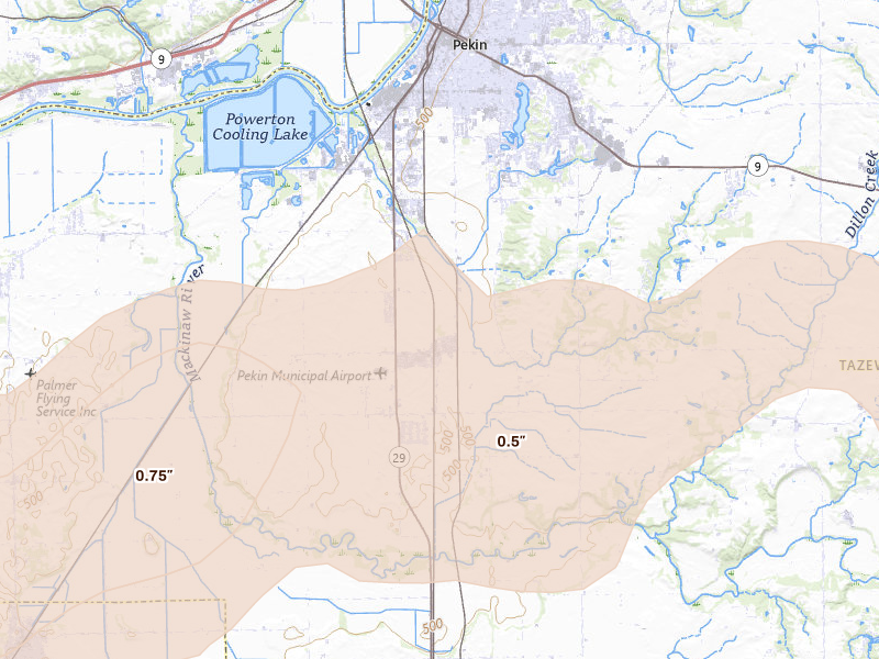 Radar-estimated hail-size map of the storm over Pekin, IL on Mar 10, 2026