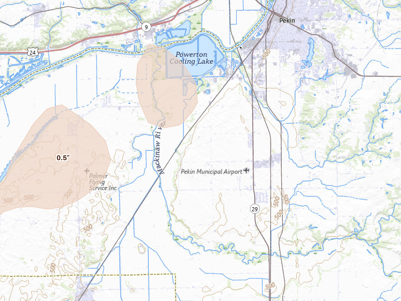 Radar-estimated hail-size map of the storm over Pekin, IL on Apr 2, 2026