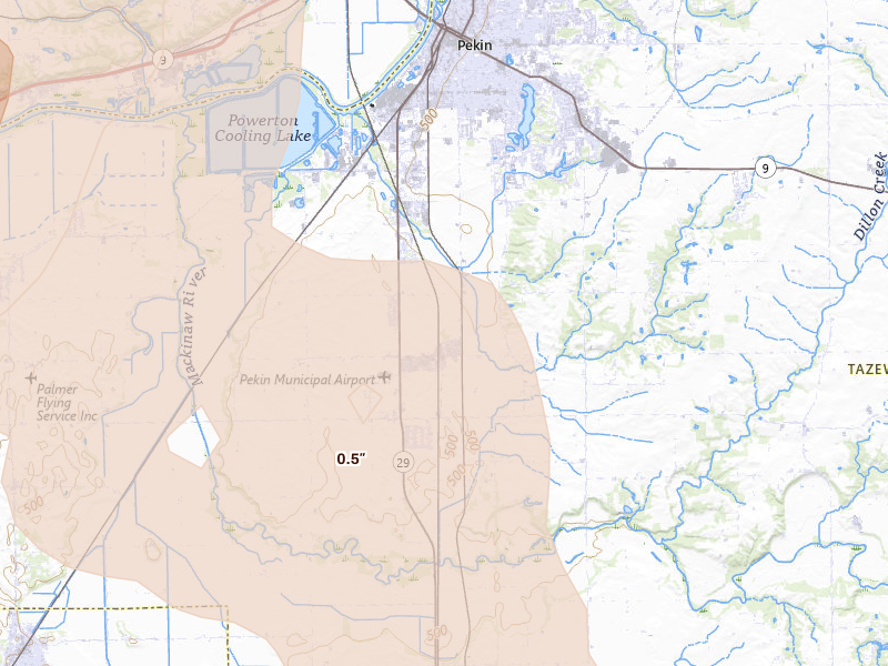 Radar-estimated hail-size map of the storm over Pekin, IL on Jun 11, 2026