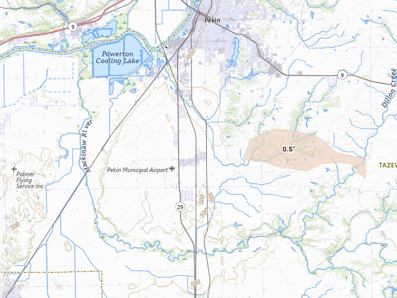 Radar-estimated hail-size map of the storm over Pekin, IL on Jun 16, 2026