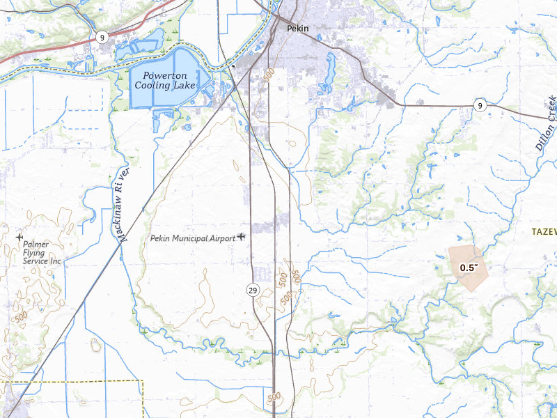 Radar-estimated hail-size map of the storm over Pekin, IL on Jul 4, 2026
