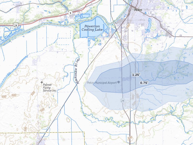 NEXRAD radar-signature map of the hail over Pekin, IL