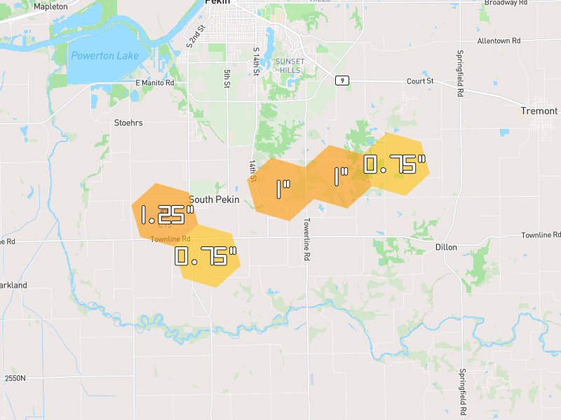 Hail map of Pekin, IL on Jul 4, 2026, hail up to 1.25"