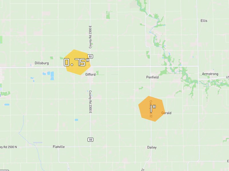 Hail map of Penfield, IL on Jul 4, 2026, hail up to 1"