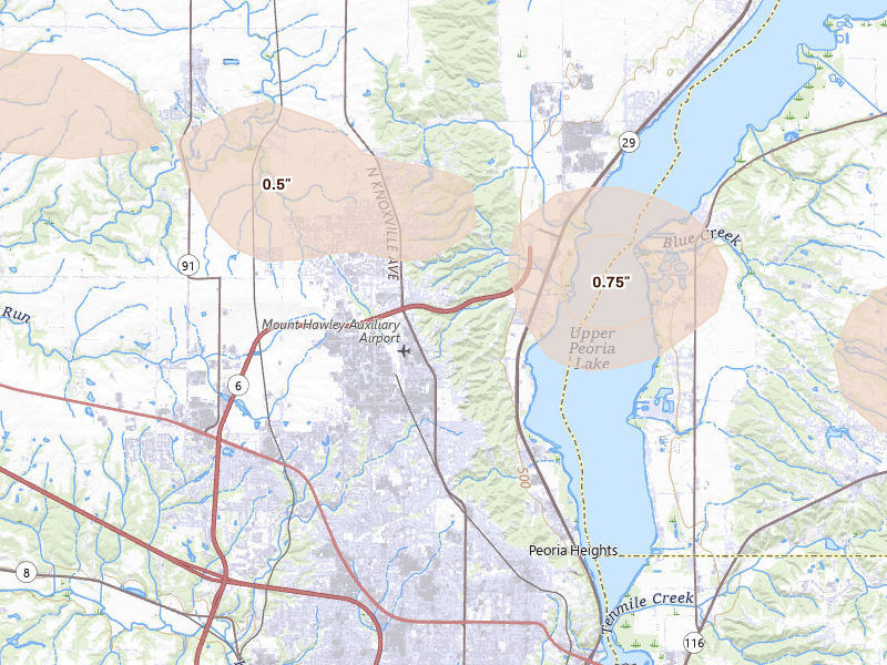 Radar-estimated hail-size map of the storm over Peoria, IL on Jun 17, 2026