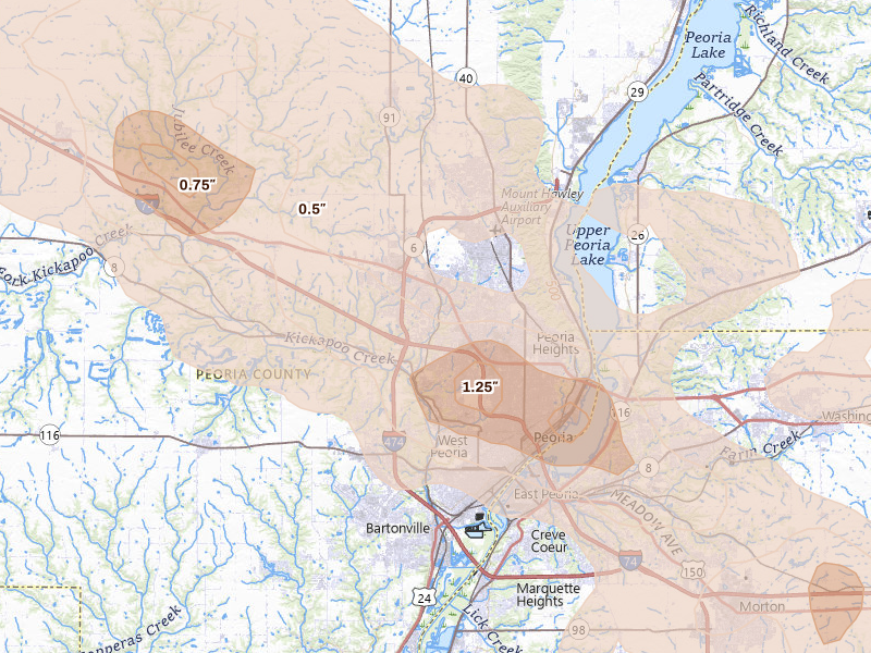Radar-estimated hail-size map of the storm over Peoria, IL on Aug 13, 2026