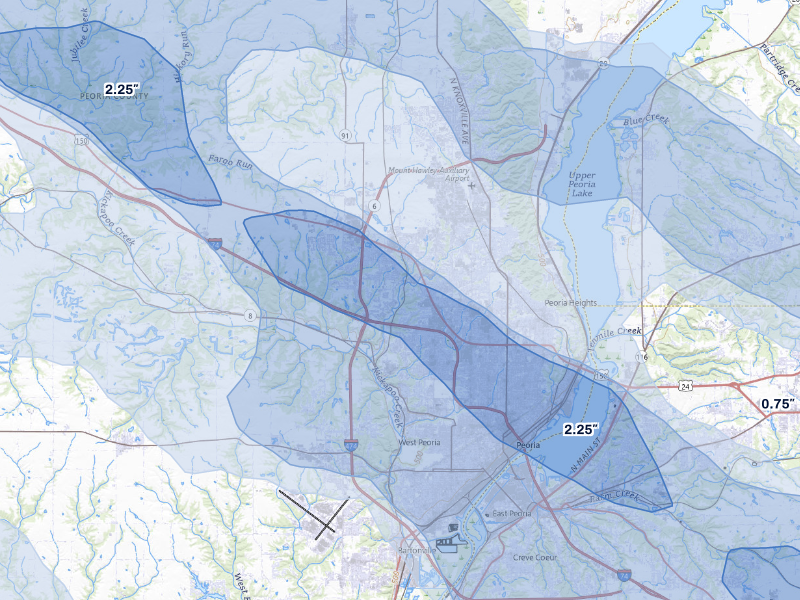NEXRAD radar-signature map of the hail storm over Peoria, IL on Aug 13, 2026