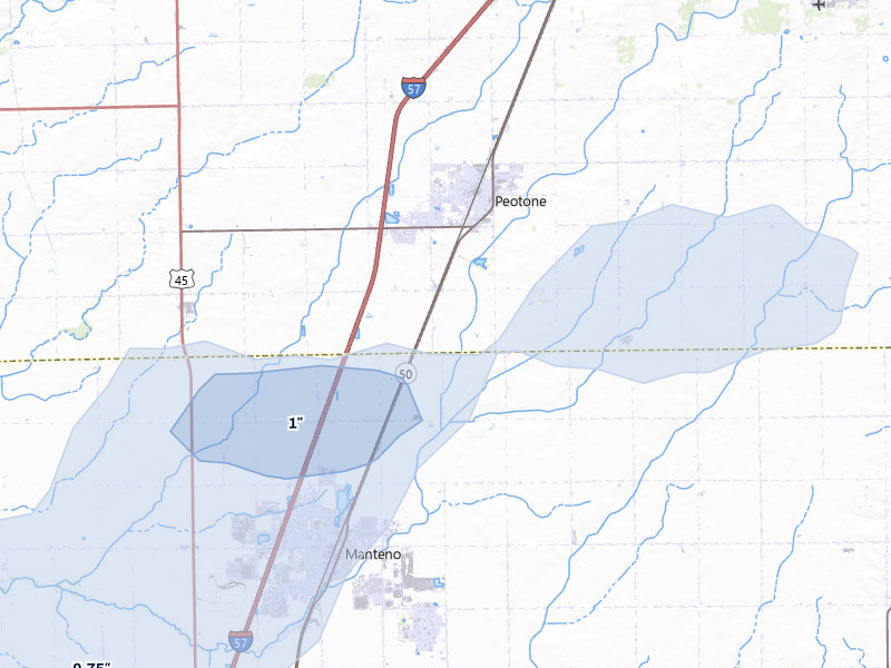 NEXRAD radar-signature map of the hail over Peotone, IL