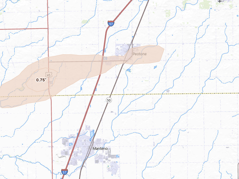 Radar-estimated hail-size map of the storm over Peotone, IL on Jul 3, 2026
